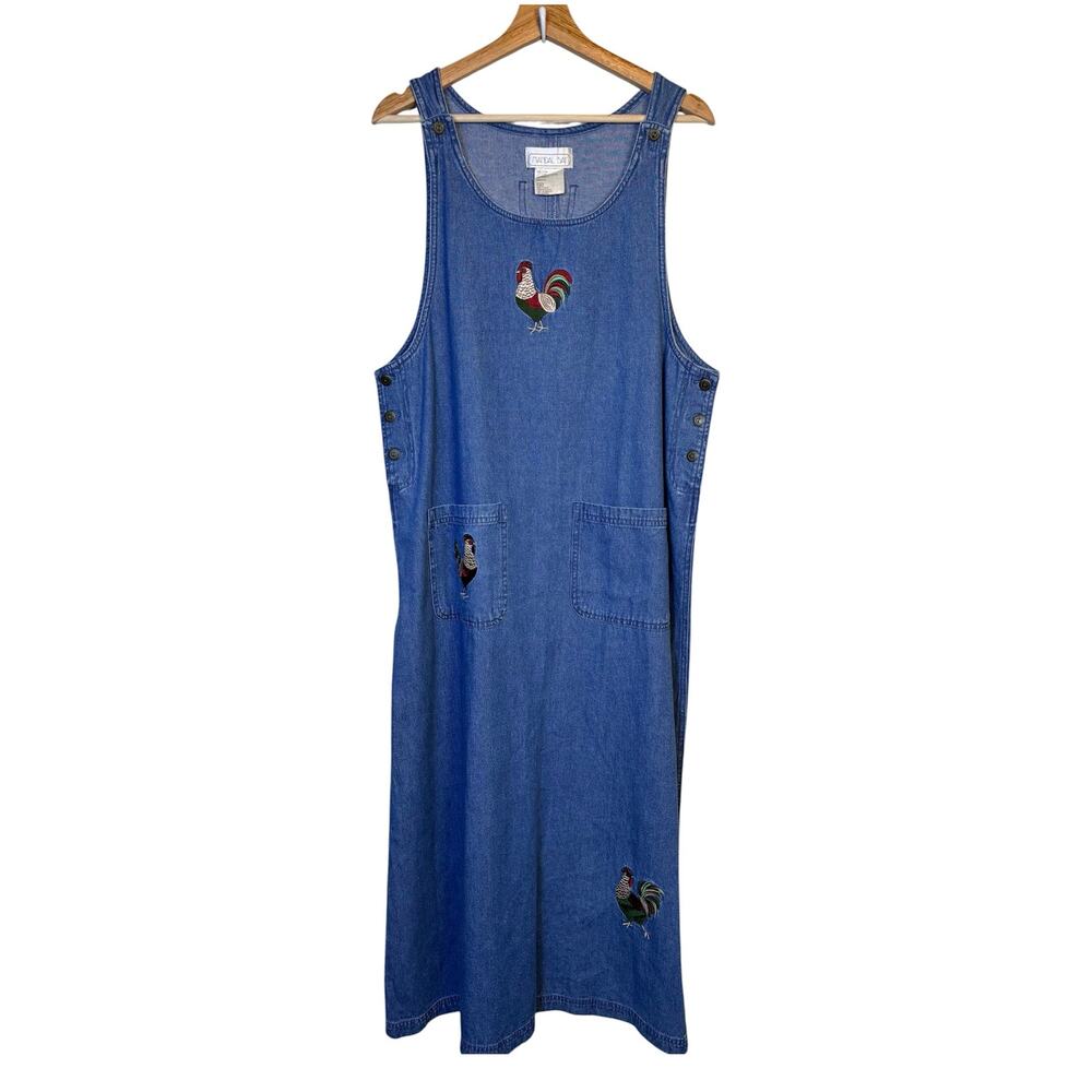 Mandal Bay Embroidered Rooster Denim Jumper Dress XL Farmhouse Western Americana